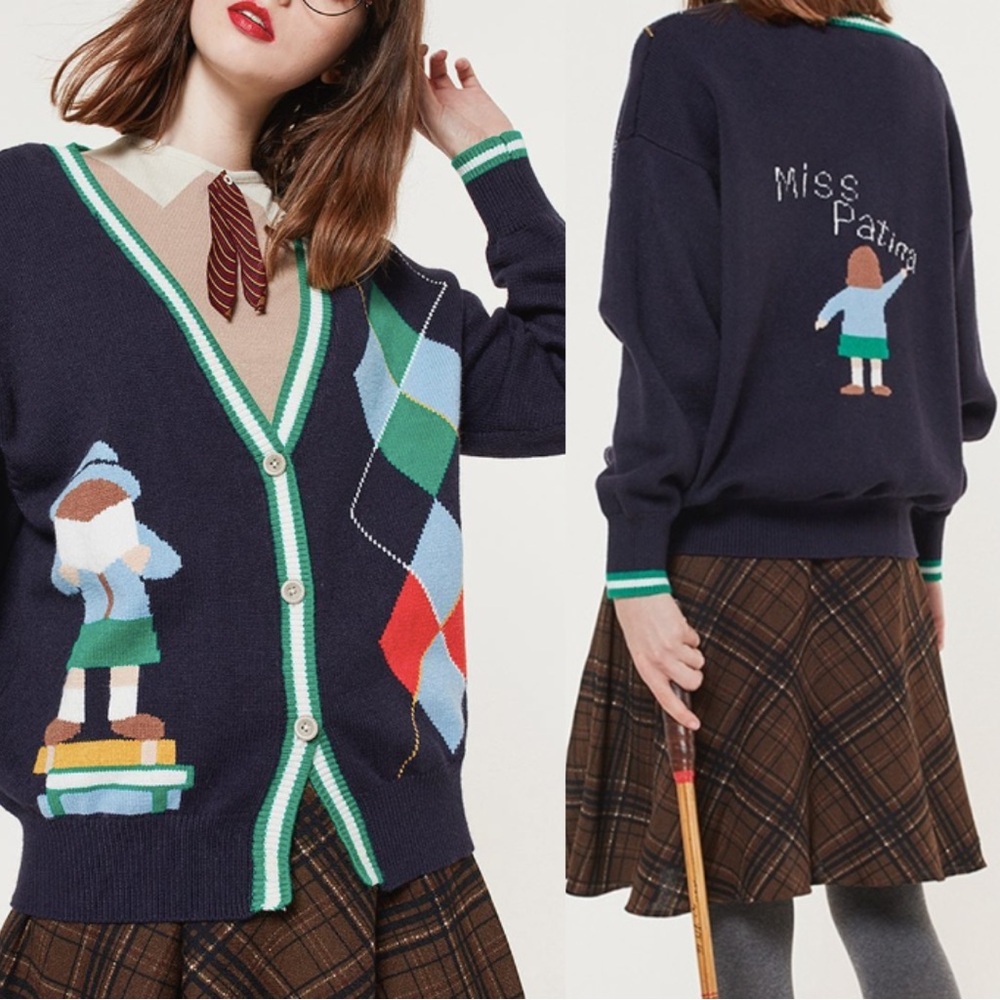 Miss Patina Russell Campus Academia Argyle Preppy Classic Cardigan Sweater